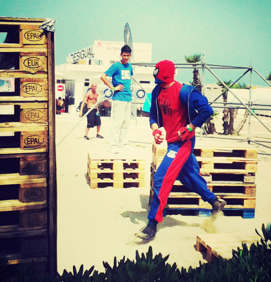 Spiderman spotted in Rimini during Parkour demonstration for la notte rosa